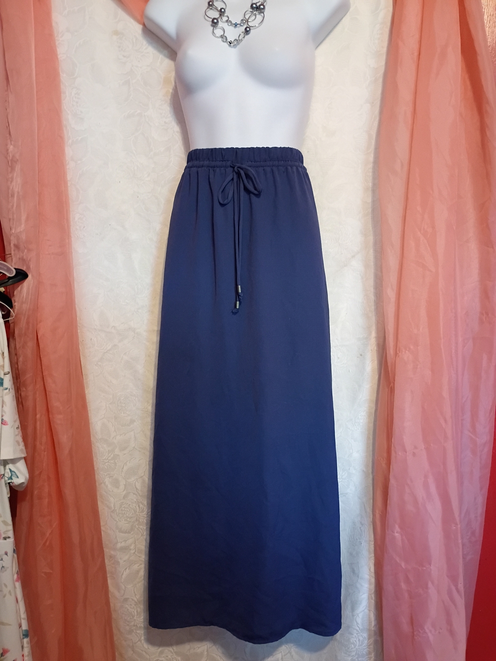 Faded Glory Ladies Navy Drawstring Waist Maxi Skirt Sz M